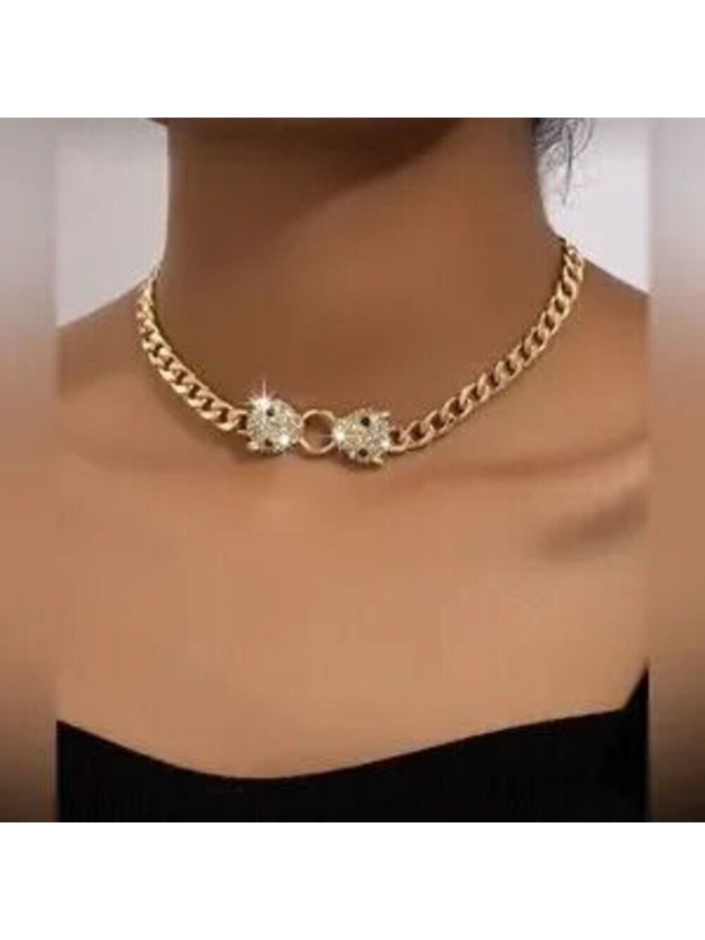 Gold Panther Head Cuban Link Necklace Crystal Statement Choker Gift Dainty
